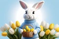 white easter rabbit wearing a blue sweater holding a basket with eggs, yellow tulips in the background, easter banner or