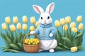 white easter rabbit wearing a blue sweater holding a basket with eggs, yellow tulips in the background, easter banner or Royalty Free Stock Photo