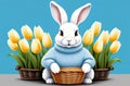 white easter rabbit wearing a blue sweater holding a basket with eggs, yellow tulips in the background, easter banner or Royalty Free Stock Photo