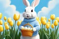 white easter rabbit wearing a blue sweater holding a basket with eggs, yellow tulips in the background, easter banner or