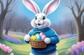 white easter rabbit wearing a blue sweater holding a basket with eggs, yellow tulips in the background, easter banner or Royalty Free Stock Photo