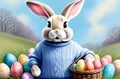 white easter rabbit wearing a blue sweater holding a basket with eggs, yellow tulips in the background, easter banner or Royalty Free Stock Photo