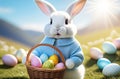 white easter rabbit wearing a blue sweater holding a basket with eggs, yellow tulips in the background, easter banner or Royalty Free Stock Photo