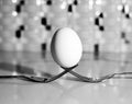 White egg balanced on two forks on the kitchen counter top. Royalty Free Stock Photo