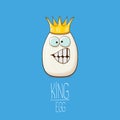 White egg king with crown characters isolated on blue background. My name is egg vector concept illustration. funky farm