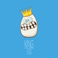 White egg king with crown characters isolated on blue background. My name is egg vector concept illustration. funky farm