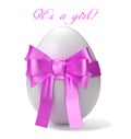 White egg with pink bow and greeting text. 3D Illustration