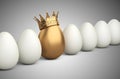 White egg row with one in the golden crown. Leadership concept Royalty Free Stock Photo