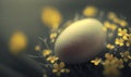 a white egg sitting on top of a pile of yellow flowers on top of a black tablecloth covered in yellow flakes of flowers