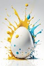 White egg with splash and levitation, spilled yellow and blue paint, Royalty Free Stock Photo