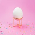 White egg on sponge stand, pink background with sprinkle. Easter creative square social media template