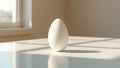 A white egg stands on a table near a window. Natural light creates a soft shadow and reflection Royalty Free Stock Photo