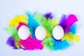 White eggs and colorful feathers on  light pastel background. Happy Easter concept. Minimal style, flat lay. Close up Royalty Free Stock Photo