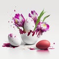 White eggs with flower with splash magenta paint,