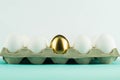 White eggs in a paper box and one unique golden egg inside them on white background. Leadership, genius, uniqueness concept. Royalty Free Stock Photo