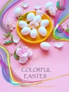 White Eggs on Yellow plate flowers On Pink Background Ester Holiday Background Concept