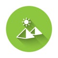 White Egypt pyramids icon isolated with long shadow. Symbol of ancient Egypt. Green circle button. Vector