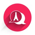 White Eiffel tower icon isolated with long shadow background. France Paris landmark symbol. Red circle button. Vector Royalty Free Stock Photo