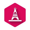 White Eiffel tower icon isolated with long shadow. France Paris landmark symbol. Pink hexagon button. Vector Royalty Free Stock Photo