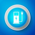 White Electric car charging station icon isolated on blue background. Circle blue button with white line. Vector Royalty Free Stock Photo