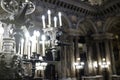 White electric chandeliers suggesting old light bulbs in Orsay Opera, Paris