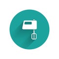 White Electric mixer icon isolated with long shadow. Kitchen blender. Green circle button. Vector