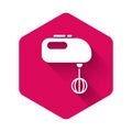 White Electric mixer icon isolated with long shadow. Kitchen blender. Pink hexagon button. Vector Illustration