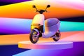 White Electric Scooter Or Moped On Multicolored Background And Pink Showcase. Eco Alternative Transport. 3d rendering