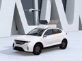 White electric SUV released drone for leisure entertainment