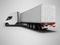 White electric tractor with trailer for traveling long distances rear view 3d render on gray background with shadow