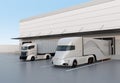 White electric trucks parking in front of modern logistics center Royalty Free Stock Photo