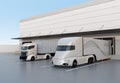 White electric trucks parking in front of modern logistics center