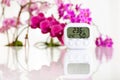 White electronic hygrometer on white table with orchids on the background Royalty Free Stock Photo
