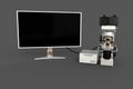 White electronic microscope, cpu box and blank screen isolated, realistic medical 3d illustration with fictional design, medical