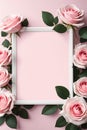White elegant frame for photo and inscription decorated with pink roses