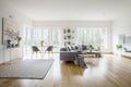 White elegant living room interior with windows Royalty Free Stock Photo