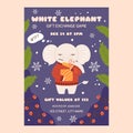 White elephant gift exchange party game template. Funny grumpy character in red sweater who is surprised by what he sees