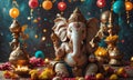 white elephant statue, adorned with colorful decorations, sits amidst vibrant array flowers, lanterns, and Royalty Free Stock Photo