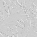 White Emboss floral 3d seamless pattern. Tropic leaves flowers relief background. Repeat textured white backdrop. Surface embossed