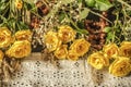 White embroidered border covered with amber beads with yellow roses on black background Royalty Free Stock Photo