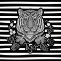 White embroidery realistic texture tiger face patch. Fashion floral print textile decoration design with inscription