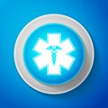 White Emergency star - medical symbol Caduceus snake with stick icon isolated on blue background. Star of Life. Circle Royalty Free Stock Photo