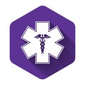 White Emergency star - medical symbol Caduceus snake with stick icon isolated with long shadow. Star of Life. Purple Royalty Free Stock Photo