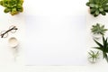 White empty blank mockup with glasses, coffee and green plants Royalty Free Stock Photo