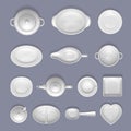 White empty ceramic crockery mockup set, vector top view isolated illustration. Porcelain tableware, kitchenware. Royalty Free Stock Photo