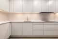 White empty classic kitchen in front view in new or refurbished apartment Royalty Free Stock Photo