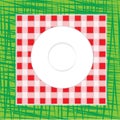 White empty dish on a red and white checkered cloth