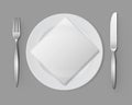 White Empty Flat Round Plate Silver Fork Knife Square Napkin