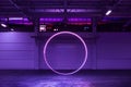 White Empty Hangar Illuminated By Neon Violet Circle, Empty Factory Interior With Roller Shutter Door. 3d rendering