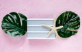 White empty lightbox, monstera leaf, starfish on pink background. Summer fashion flat lay. Vacation, travel concept. Top view Royalty Free Stock Photo